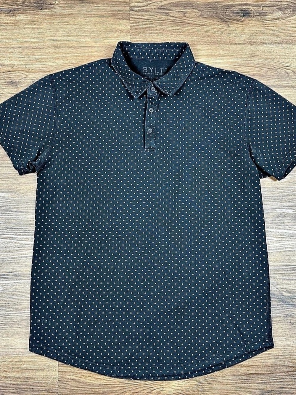 BYLT Drop Cut Polo Shirt Mens Large Black Polka Dot Short Sleeve Stretch